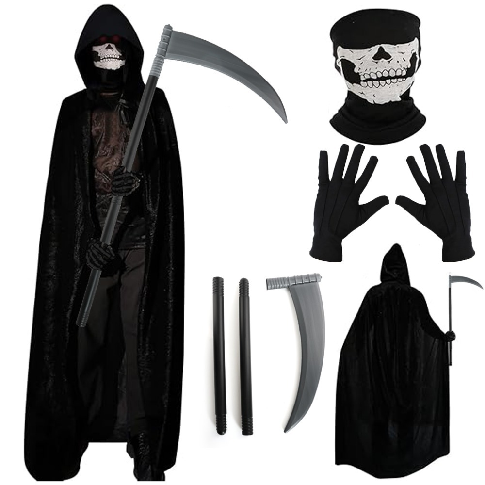 Click to view product details and reviews for Adults Skeleton Reaper Costume 4 Pcs Cape Scythe Skeleton Snood Gloves.