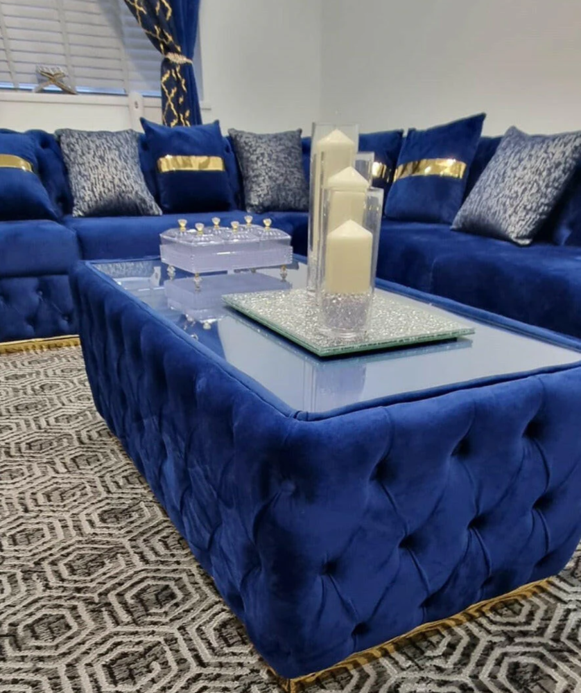 Chesterfield upholstered footstool and coffee table in sapphire and gold