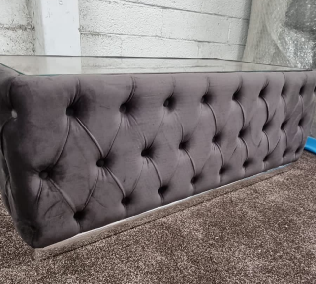 Click to view product details and reviews for 120cmx60cm Coffee Table In Grey Velvet And Chrome.