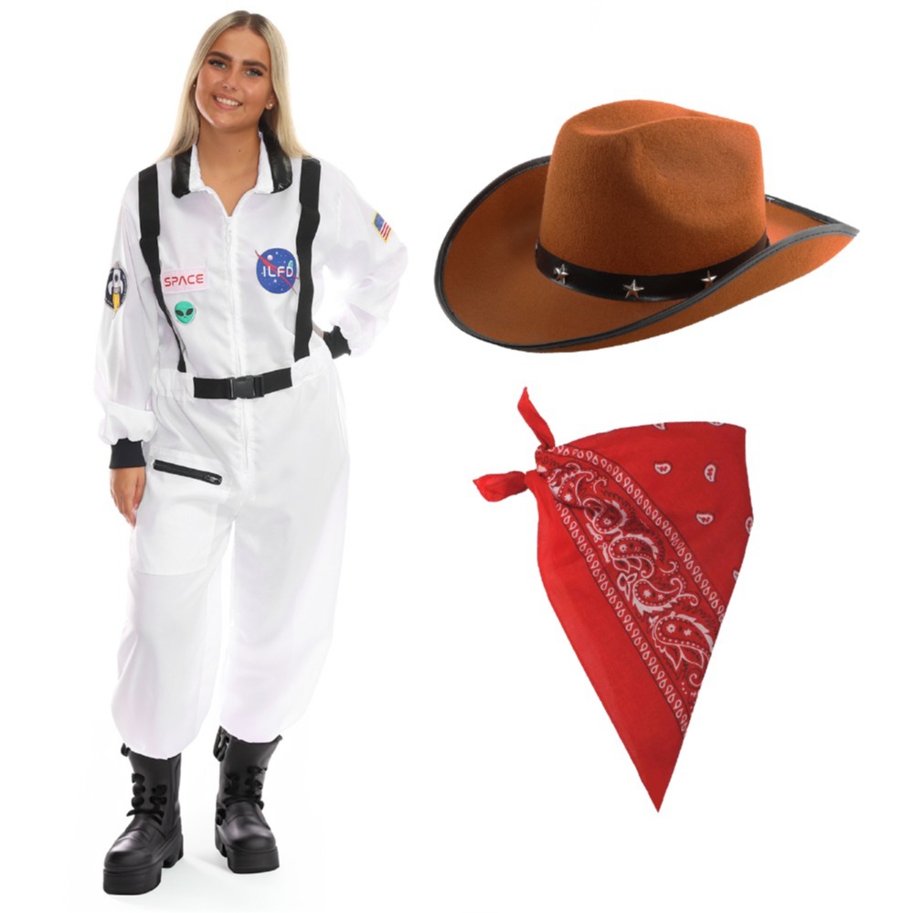 Click to view product details and reviews for Ladies Space Cowgirl Costume 3 Pcs Space Suit Brown Star Studded Hat Red Bandana Small.