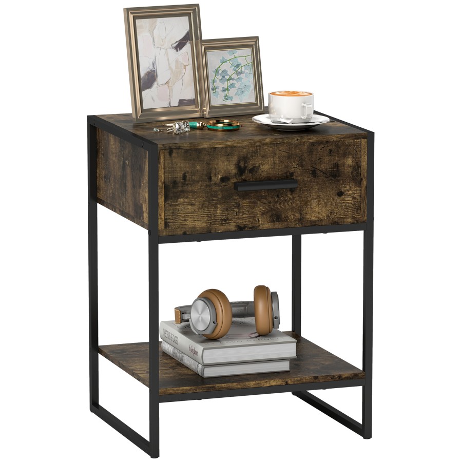 Click to view product details and reviews for Homcom Bedside Table With Storage Drawer And Open Shelf Modern Nightstand Side Table With Metal Frame For Bedroom Living Room Rustic Brown.
