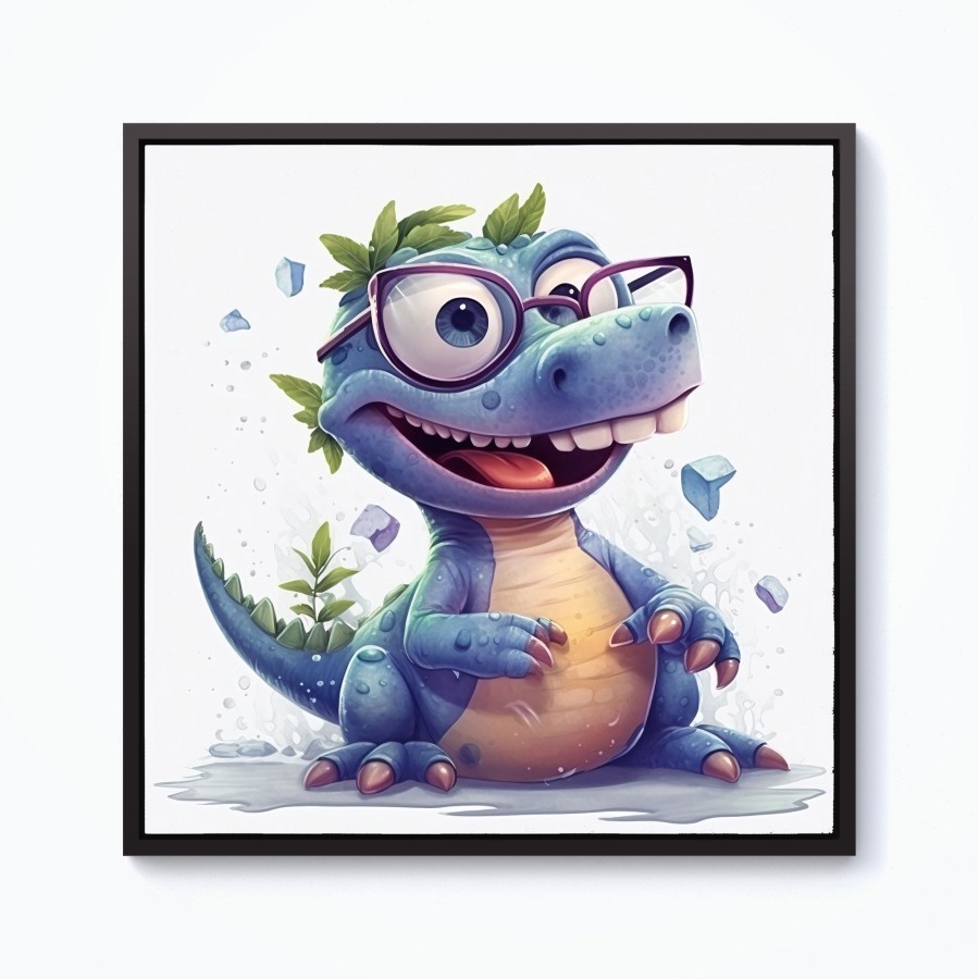 Click to view product details and reviews for Happy Dinosaur With Glasses Framed Canvas 10 X 10 Black.