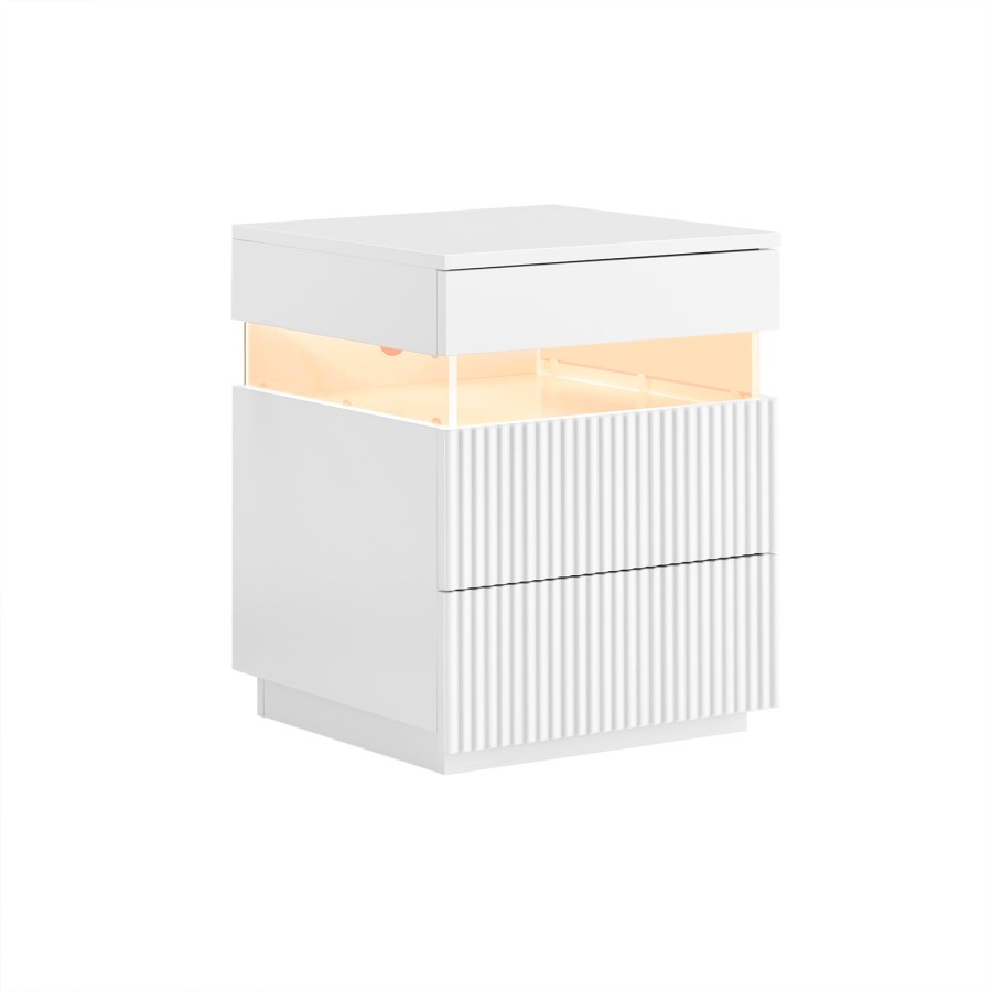 SoBuy FBT167-E-W, Bedside Table with 3 Drawers, 2 Acrylic Side Panels & LED Light, 3 Adjustable Light Colours, Modern Bedside Cabinet Side Table for Bedroom & Living Room, W41 × D40 × H52 cm, White