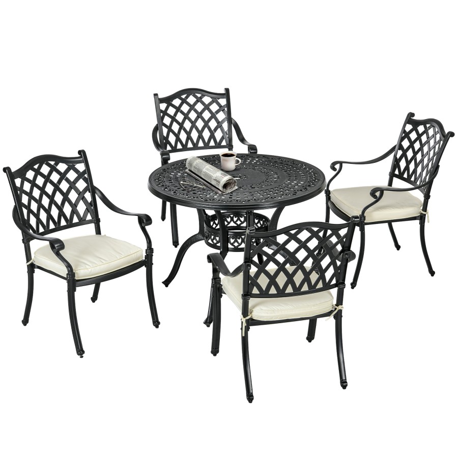 Click to view product details and reviews for Outsunny 4 Seater Outdoor Dining Set Antique Cast Aluminium Garden Furniture Set With Cushions Round Dining Table With Parasol Hole Black.