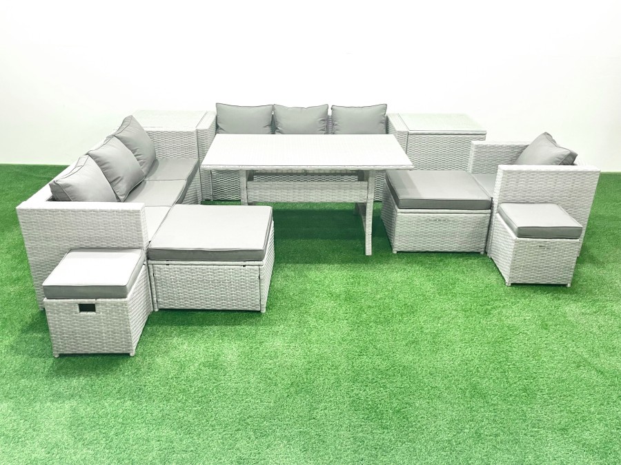 Click to view product details and reviews for Fimous Rattan Garden Furniture Dining Set 11 Seater Lounge Sofa Chair Dining Table Set With 4 Footstools 2 Side Tables Light Grey Mixed.