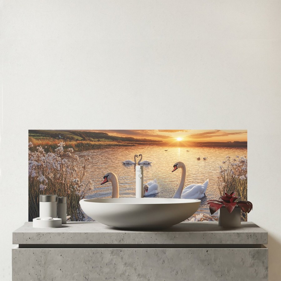Click to view product details and reviews for Swans At Sunset In A Beautiful Lake Glass Bathroom Splashback.