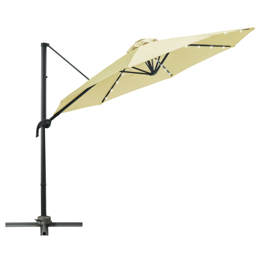 Outsunny 3(m) Cantilever Parasol Patio Sun Umbrella w/ Base Solar Lights Beige