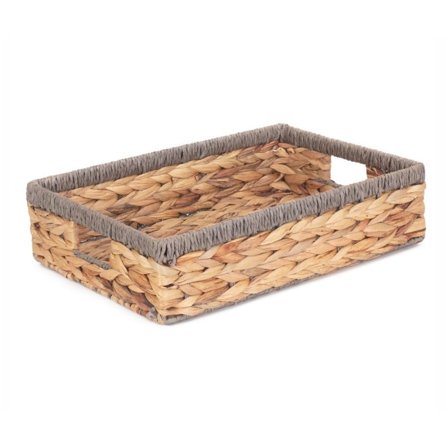 Red Hamper Shallow Rectangular Water Hyacinth With Grey Rope Border Storage Basket - Medium