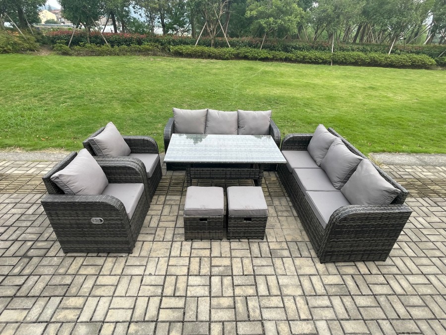 Fimous 10 Seater Lounge Rattan Sofa Set Outdoor Garden Furniture Oblong Rectangular Dining Table With Adjustable Chair 3 Seater Sofa 2 Small FootstoolsDark Grey Mixed