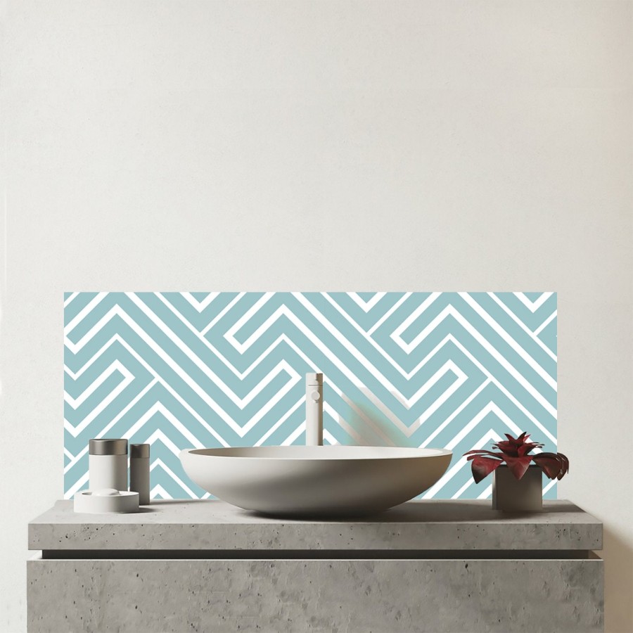 Click to view product details and reviews for Blue And White Geometric Pattern Glass Bathroom Splashback.
