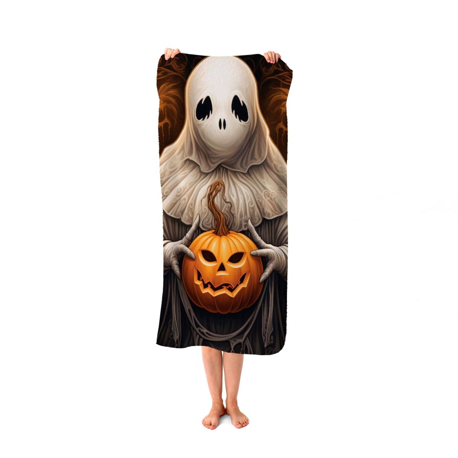 Warren Reed Spooky White Ghost Holding Pumpkin Beach Towel
