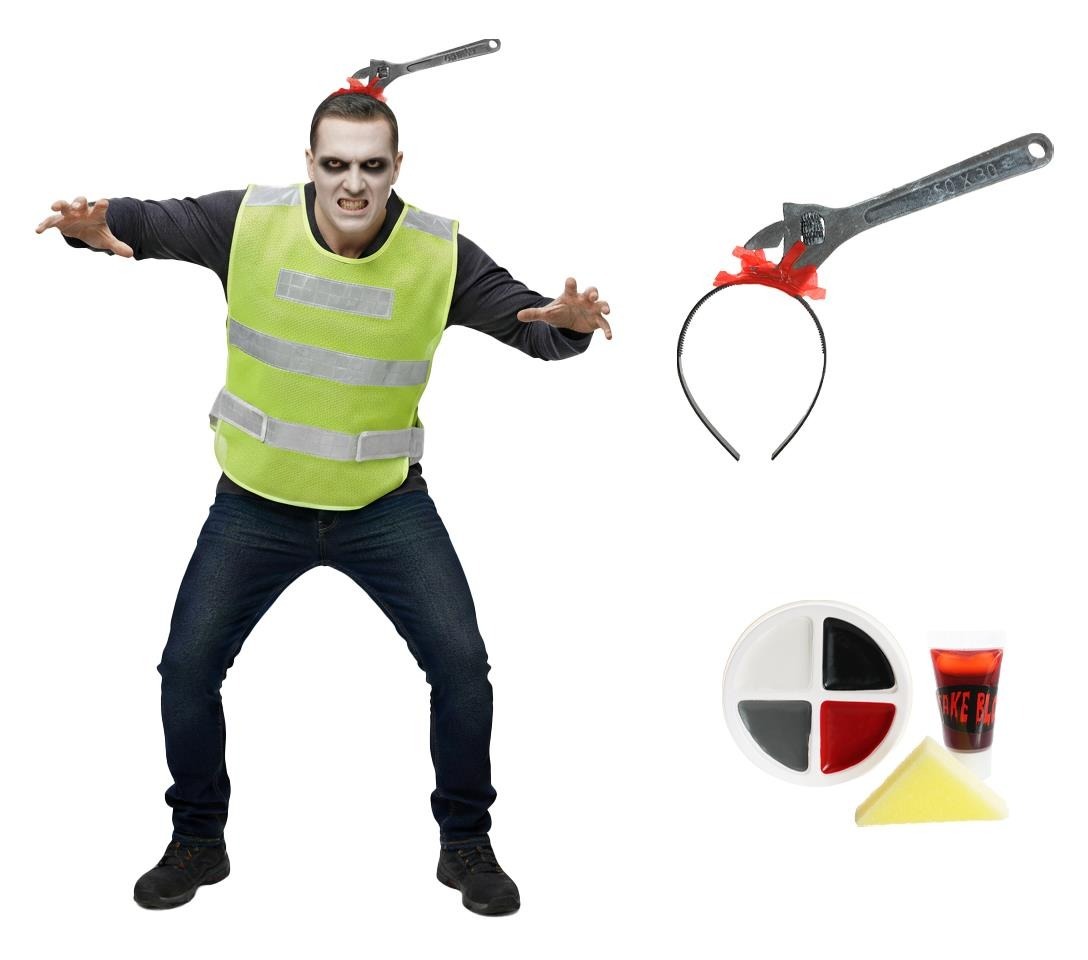 Click to view product details and reviews for Adults Zombie Builder Costume 3 Pcs Yellow Hi Vis Vest Spanner Headband Face Paint.