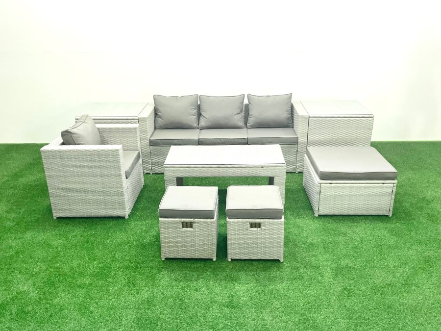 Click to view product details and reviews for Fimous Rattan Garden Furniture Set Outdoor Lounger Sofa With Coffee Table 3 Footstools 2 Side Tables Light Grey Mixed 7 Seater.