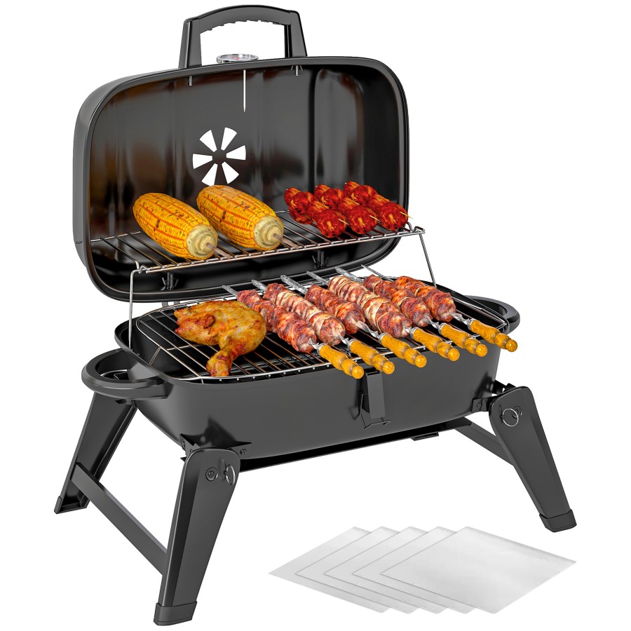 Click to view product details and reviews for Outsunny Charcoal Barbecue Grill Folding Bbq Grill With 1232 Cm Cooking Area Adjustable Vent Thermometer Handles For Camping Picnic Black.