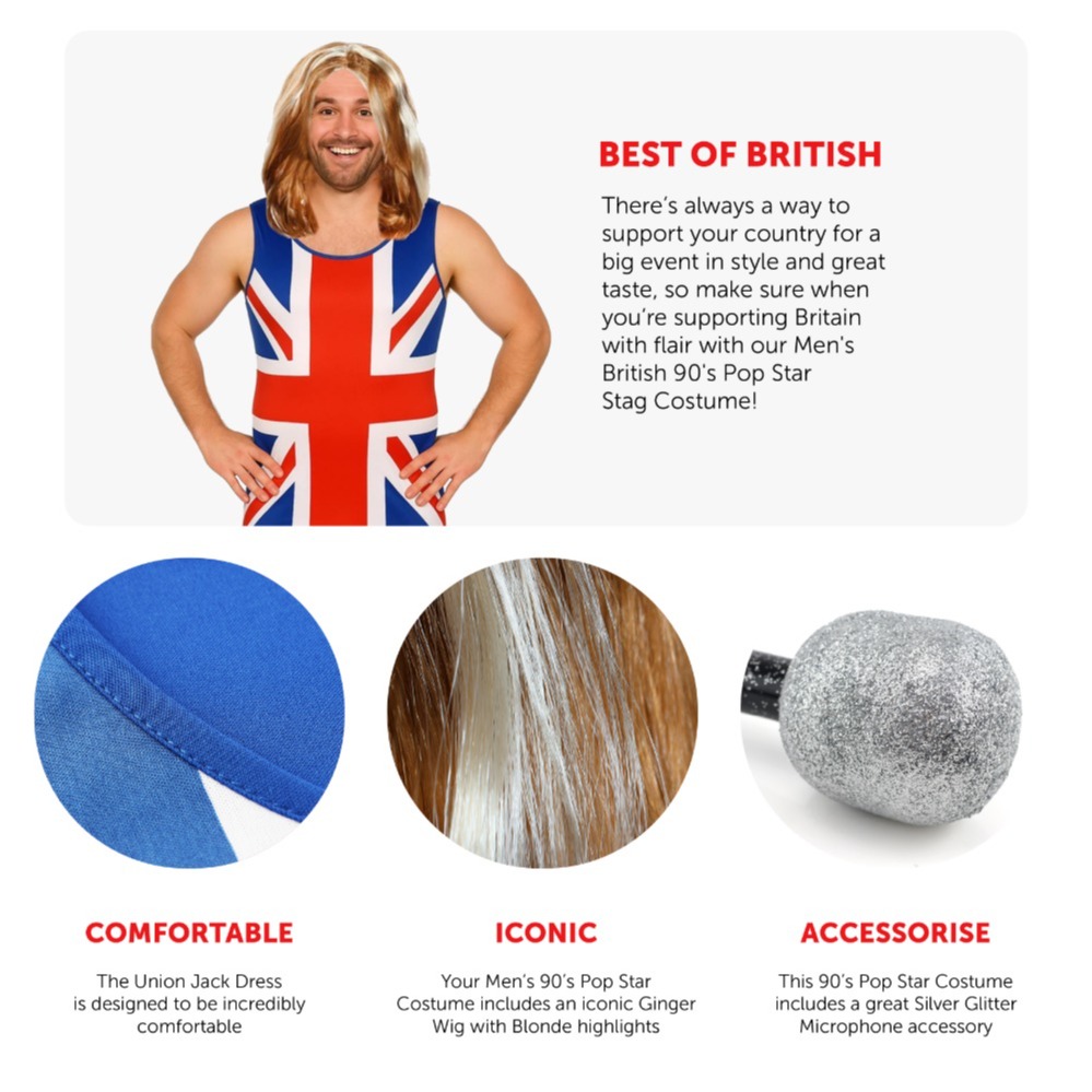 Men's Union Jack Dress Stag Do Costume | 3 Pcs | Dress, Wig & Mic