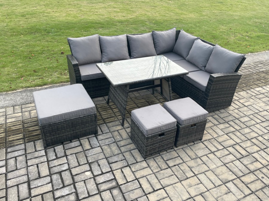Click to view product details and reviews for Fimous Outdoor Furniture Garden Dining Set Rattan Corner Sofa Set Rectangular Dining Table With Temper Glass 3 Footstools Dark Grey Mixed.