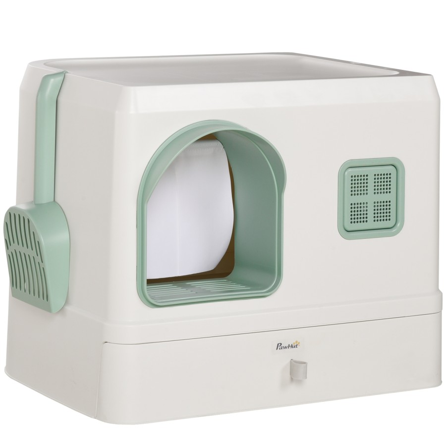 PawHut Hooded Cat Litter Tray, Cat Litter Box w/ Drawer Pan - White