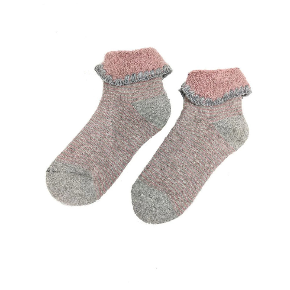 Childrens Cuffed Bed Socks Soft Wool Blend Girl's UK 10-13 - Pink Grey Stripe