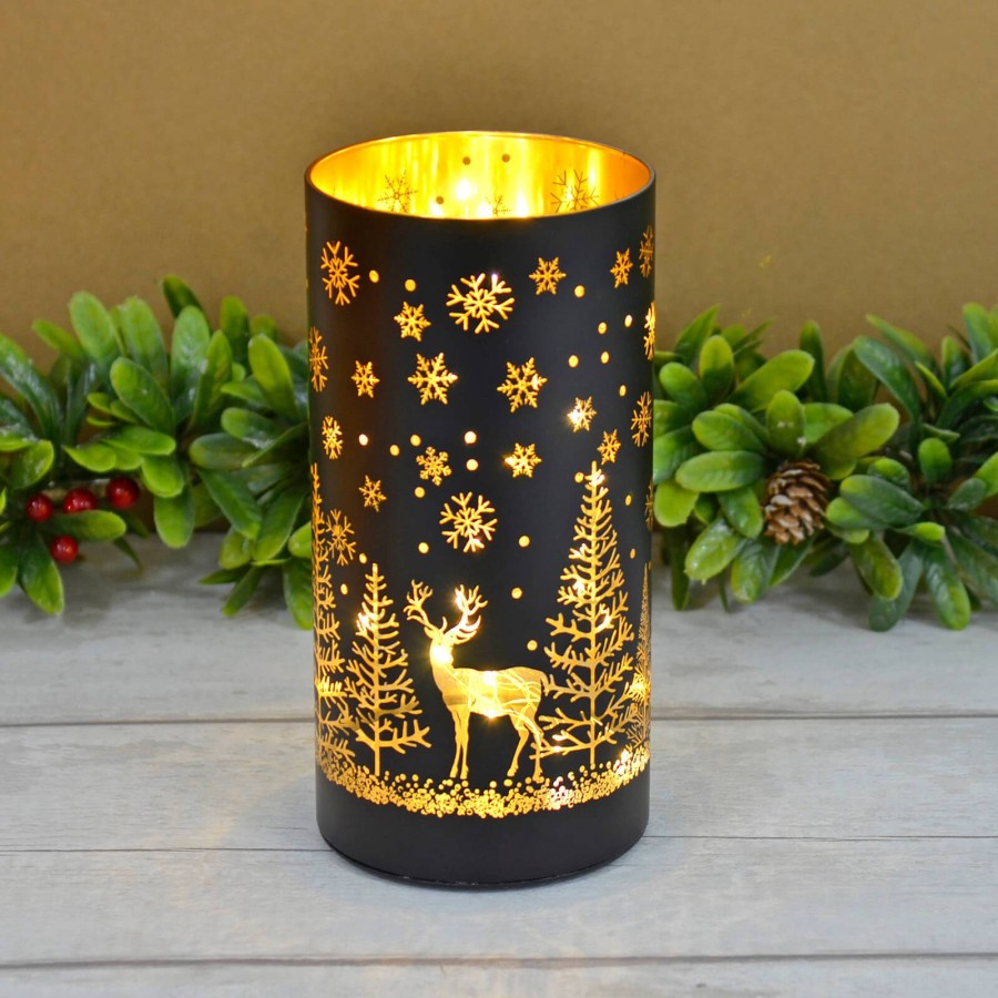 Click to view product details and reviews for Christmas Cylinder Light Black Gold Decoration Glass 20cm Tree Scene Deer.