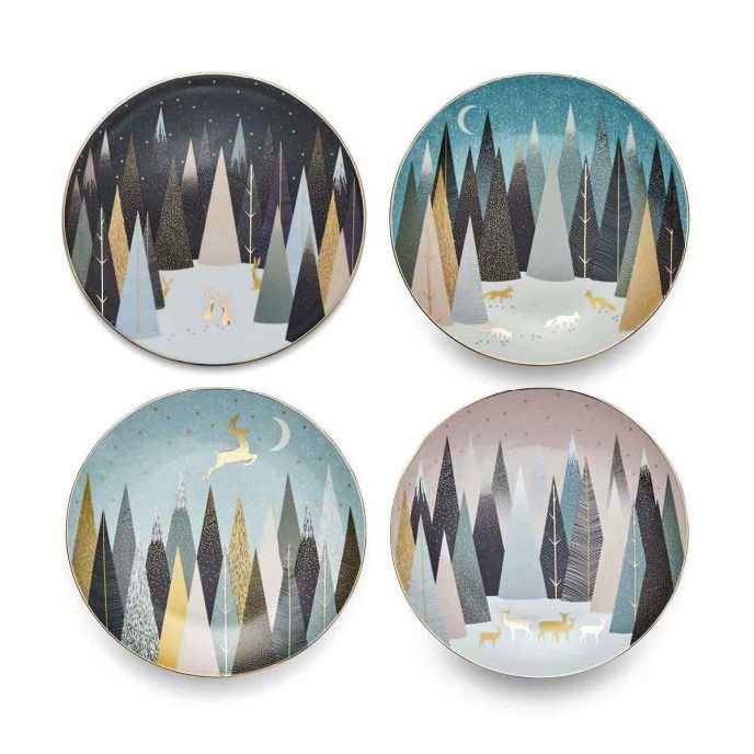 Christmas Plates Sara Miller Frosted Pines Festive Tableware Gold Decor X 4