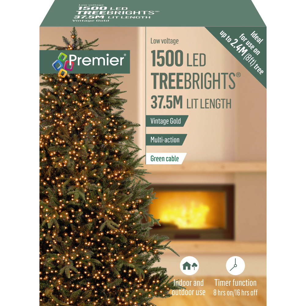 Christmas Tree Fairy Lights Green Cable Indoor/Outdoor 1500 Vintage Gold LEDs
