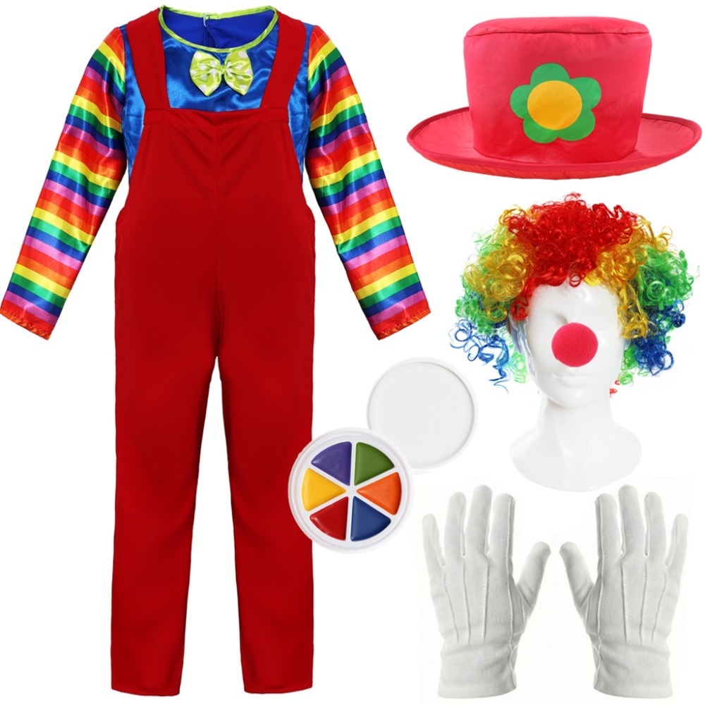 Click to view product details and reviews for Kids Clown Costume 8 Pcs Top Dungarees Hat Wig Gloves Nose Face Paint.