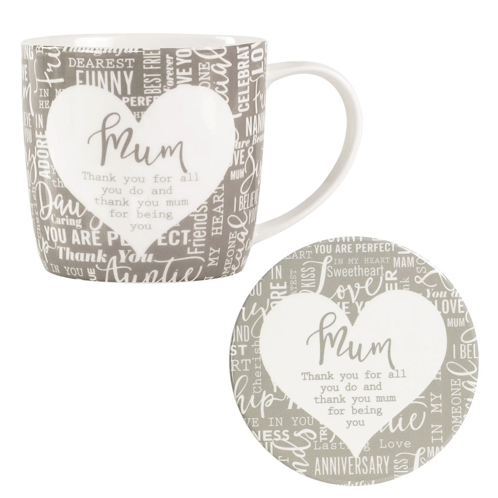 Coffee Mug & Coaster Set Said with Sentiment Ceramic Tea Cup Gift - Mum Design