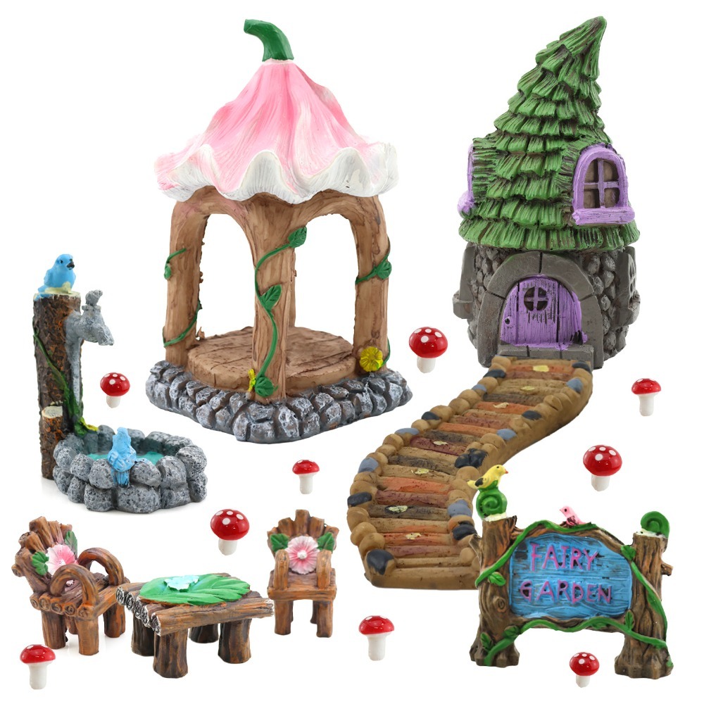 Conifer Fairy Garden Accessories Kit + Mini Mushrooms - 18 Pcs Outdoor Fairy Garden Ornaments to Create an Enchanting Fairy Garden
