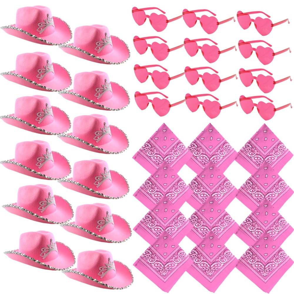 36 Pcs Pink Cowgirl Accessory Set | Bulk Hen Party | X12 Pink Cowboy Hats, X12 Heart Glasses & X12 Paisley Bandanas