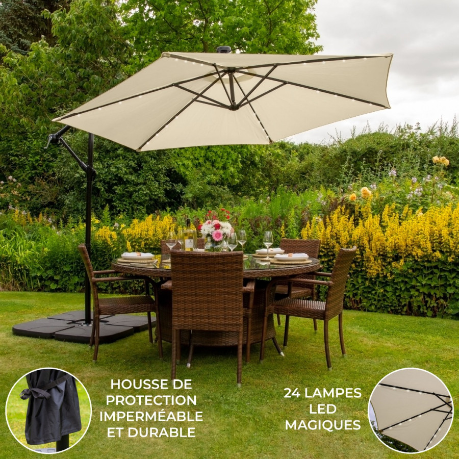 Cream 3m LED Cantilever Parasol With Plain Base