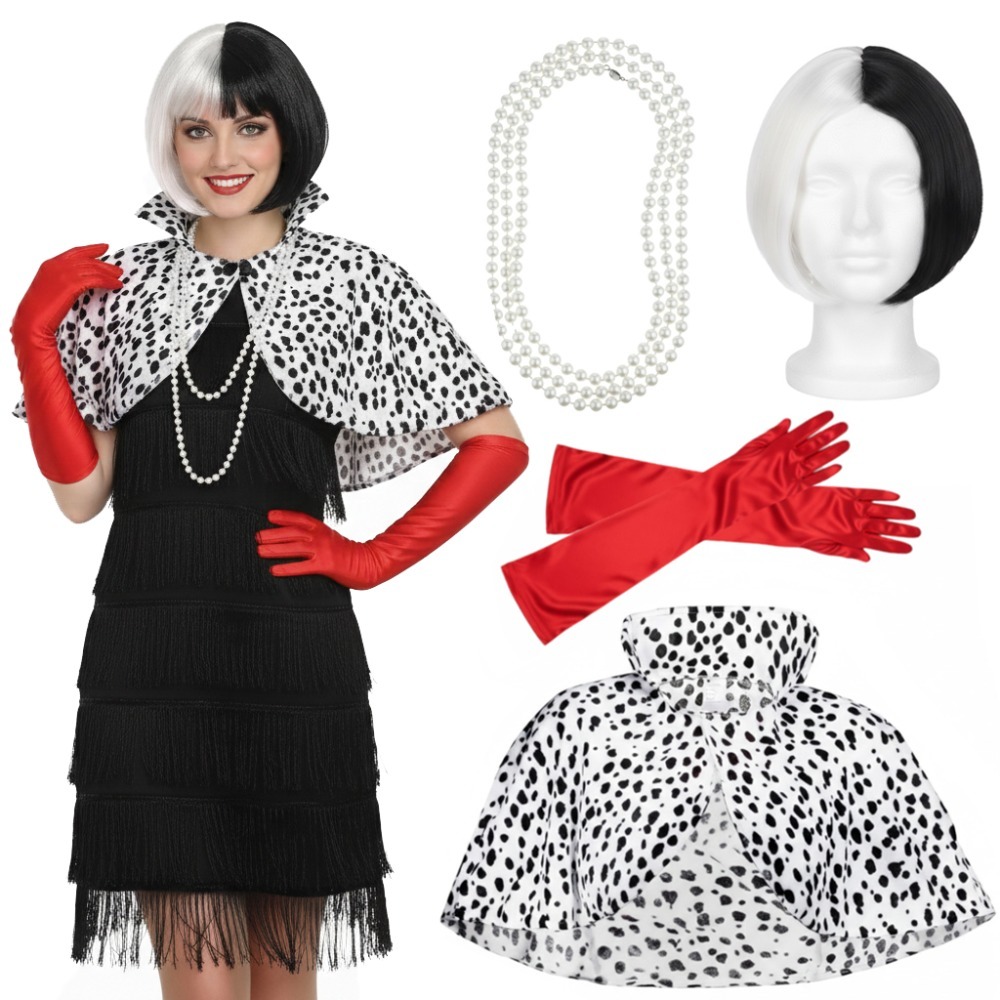 Click to view product details and reviews for Ladies Evil Dog Lady Costume 5 Pcs Dress Cape Bob Wig Gloves Necklace Large.