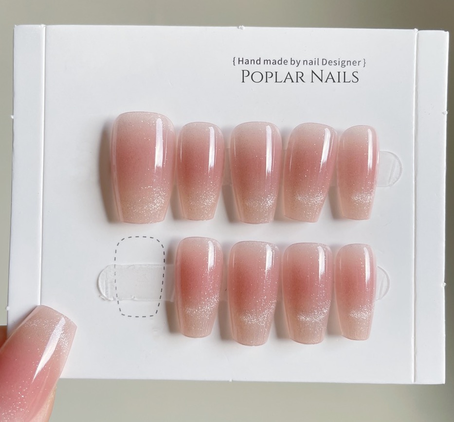 D01 Peach Cat Eyes French 10 pcs Best Handmade Acrylic Press-on Nails