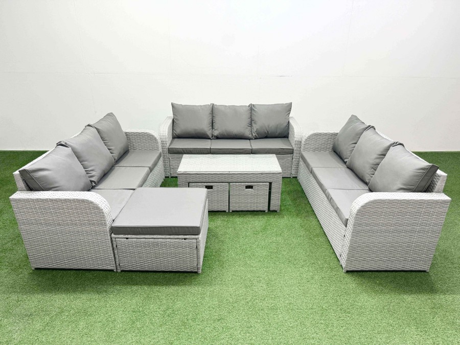 Click to view product details and reviews for Fimous Pe Rattan Lounge Sofa Set 12 Seater Outdoor Garden Furniture Set With Oblong Coffee Table 3 Seater Sofa 3 Stools Light Grey.