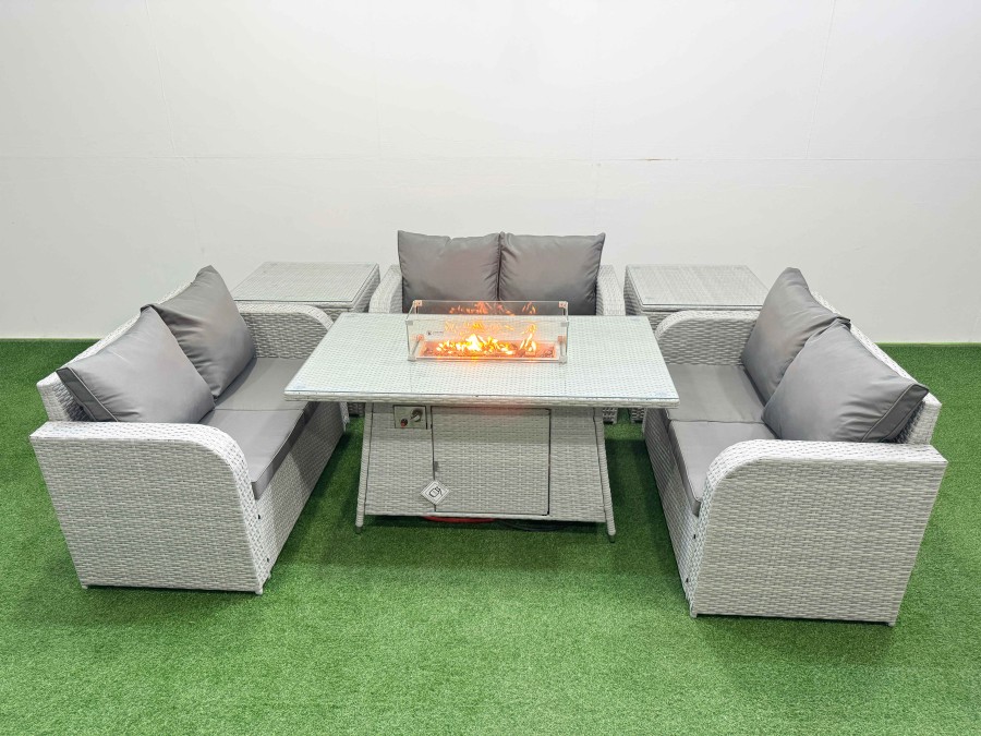 Click to view product details and reviews for Fimous 6 Seater Pe Wicker Rattan Furniture Sofa Sets With Firepit Dining Table 2 Seater Love Sofa 2 Side Table Light Grey.