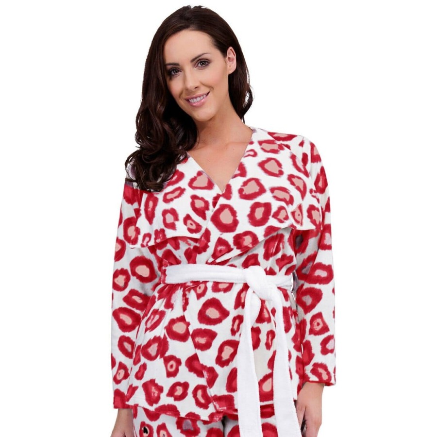 Womens Animal Print Polished Fleece Short Drape Bath Robe Cream Purple Uk 16 18