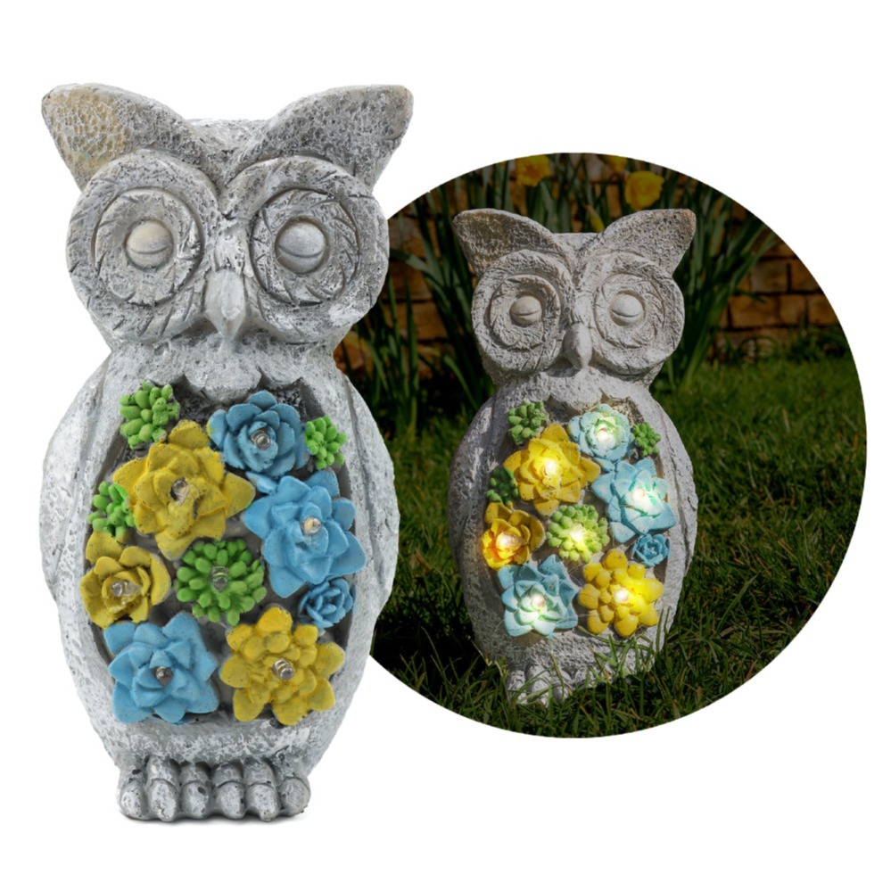 Class B | Solar Owl Statue - 23cm (9 Inch) - Garden Ornament with Succulent & Solar LED Lights - Outdoor Decor for Patio, Balcony & Gifts (Minor Defects)