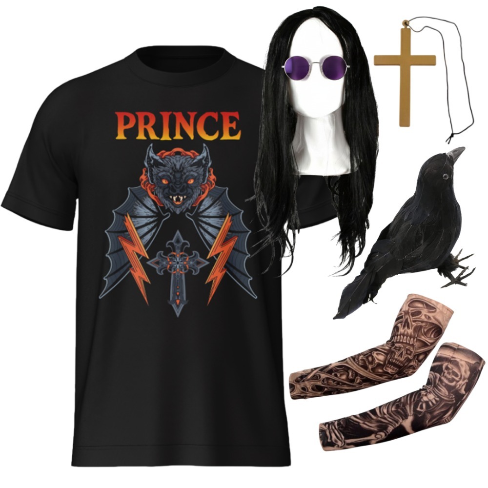 Prince of Darkness Costume | 6 Pcs | T-Shirt, Wig, Glasses, Tattoo Sleeves, Cross Necklace & Crow