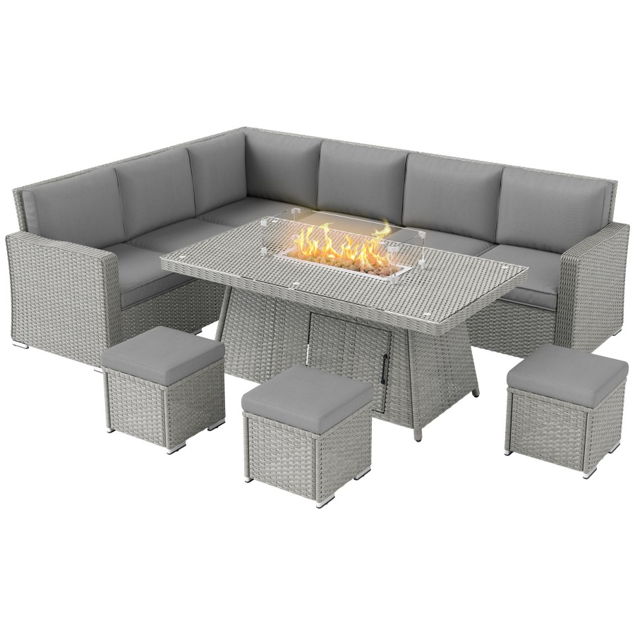 Click to view product details and reviews for Outsunny 7 Pieces Pe Rattan Garden Furniture Set 50 000 Btu Gas Fire Pit Table Double Corner Sofa And 3 Footstools 6 Seater Furniture Sofa Sets Wit.