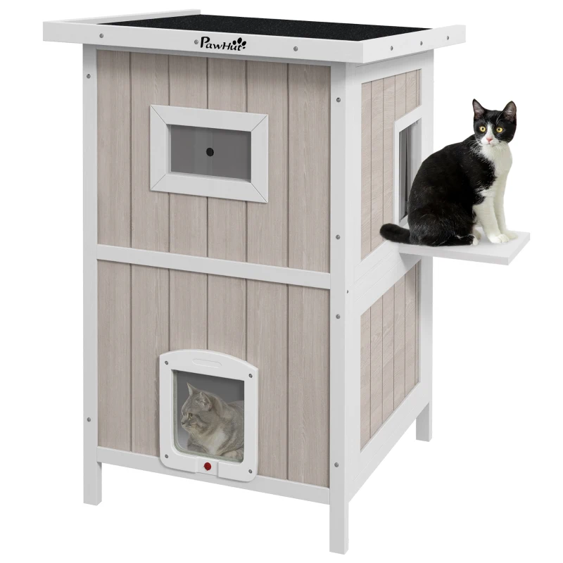 Click to view product details and reviews for Outdoor 2 Tiers Wooden Cat Shelter W Removable Bottom Escape Doors Asphalt Roof For 1 2 Cats Light Grey Pawhut.