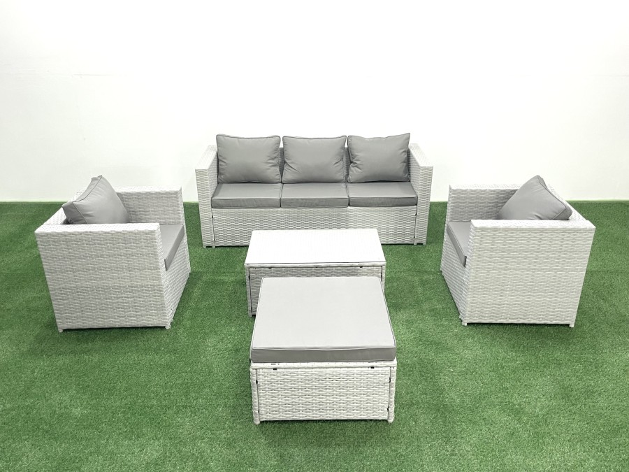 Click to view product details and reviews for Fimous Rattan Garden Furniture Set With 3 Seater Sofa 2 Chair Rectangular Coffee Table Big Footstool Light Grey Mixed 6 Seater.