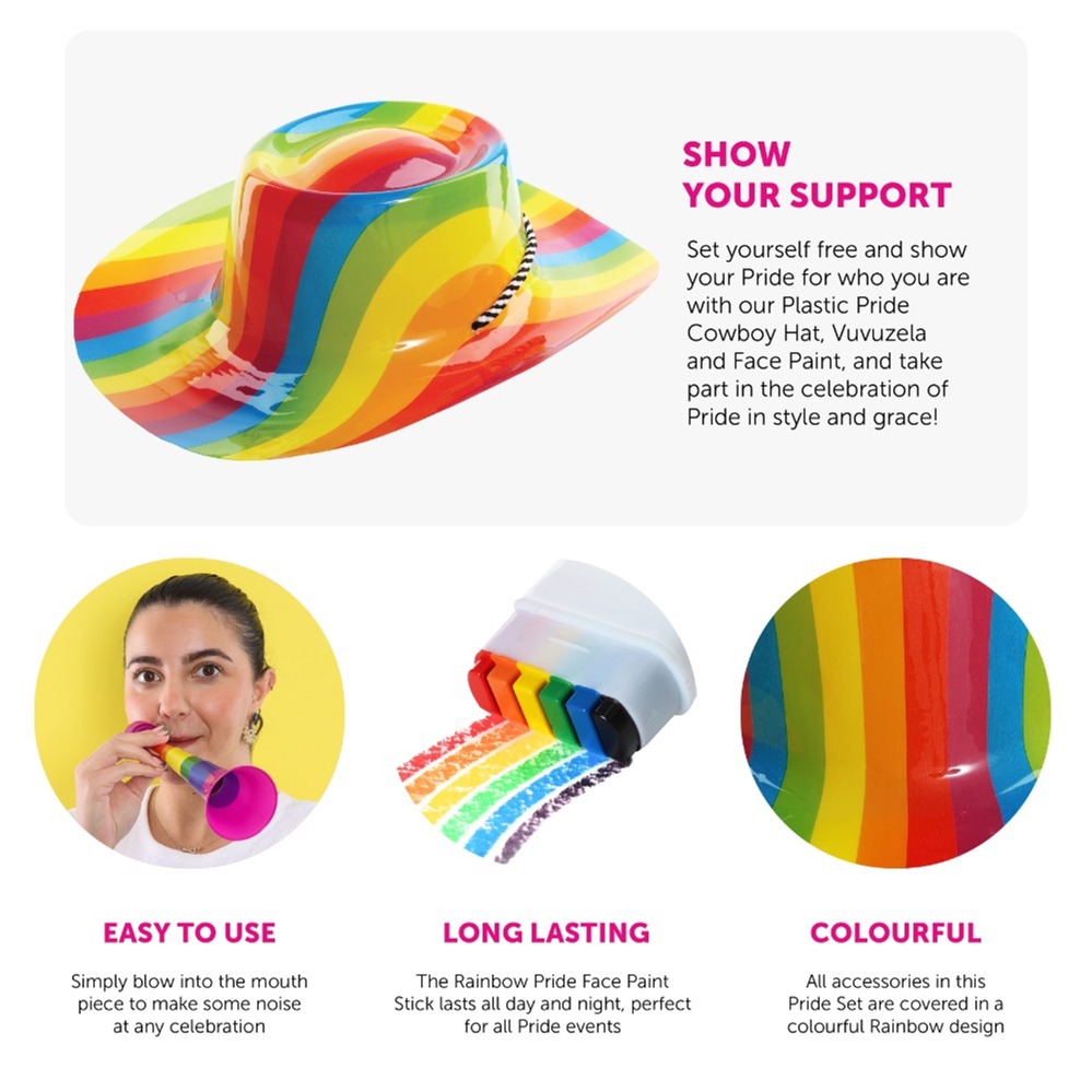 Rainbow Pride Cowboy Plastic Hat, Vuvuzela and Facepaint Stick Set