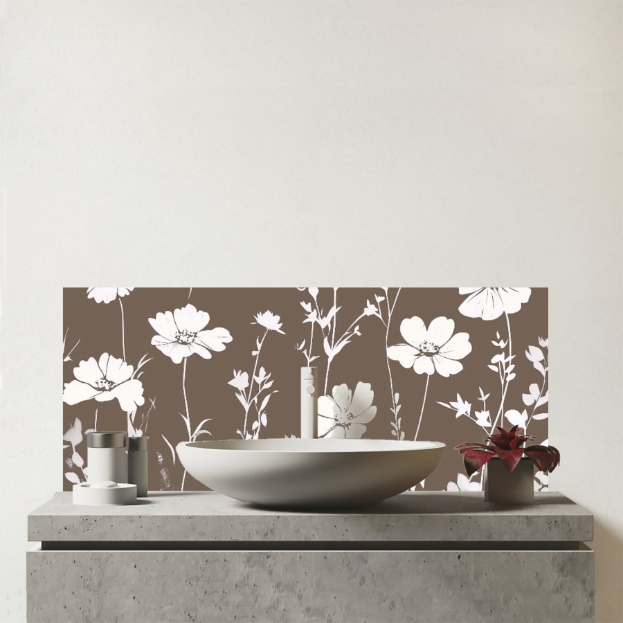 Click to view product details and reviews for Taupe And White Floral Silhouette Glass Bathroom Splashback.
