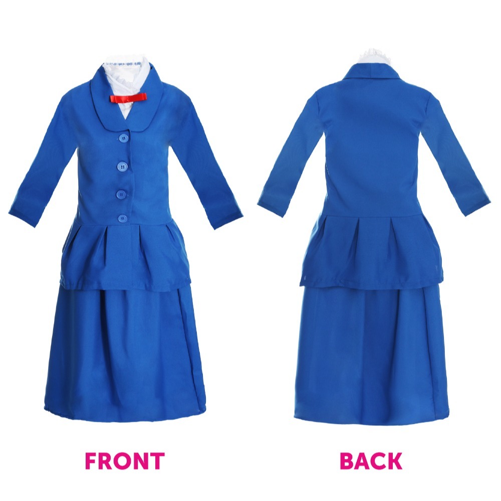 Girls Magical Nanny Costume - with Plain Bowler Hat, White Gloves & Floral Bag