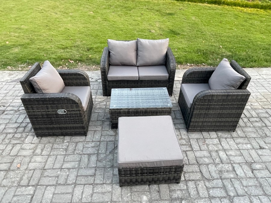 Click to view product details and reviews for Fimous 5 Pc Outdoor Pe Rattan Garden Furniture Set Wicker Love Sofa Coffee Table 2 Armchair Big Footstool Dark Grey Mixed.