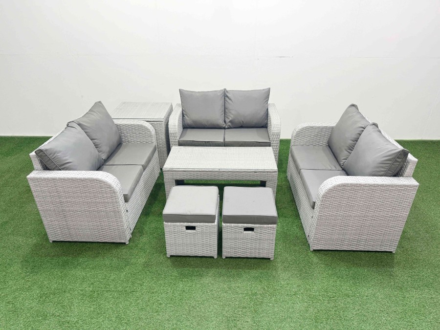 Click to view product details and reviews for Fimous 8 Seater Pe Wicker Rattan Furniture Sofa Sets With Oblong Coffee Table 2 Seater Love Sofa 2 Stool Side Table Light Grey.