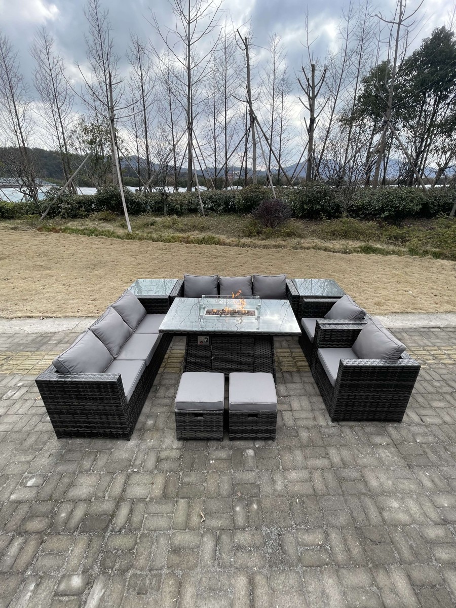 Click to view product details and reviews for Fimous 10 Seateroutdoor Lounge Rattan Sofa Set Garden Furniture Gas Firepit Set Heater Dining Table With Chair And 2 Coffee Table Dark Grey Mixed.
