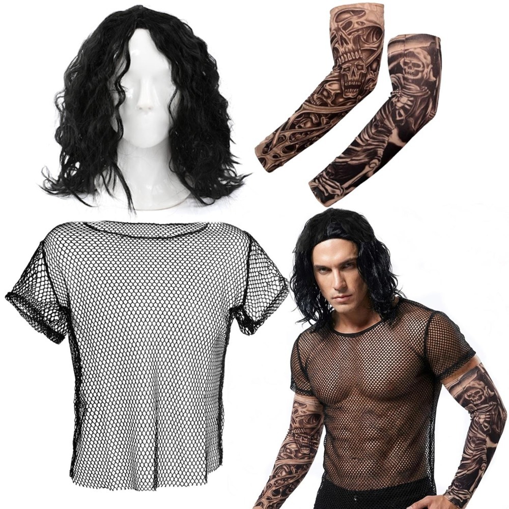 Click to view product details and reviews for Mens 2000s American Wrestler Costume 3 Pcs Mesh Top Crimped Wig Tattoos Large.