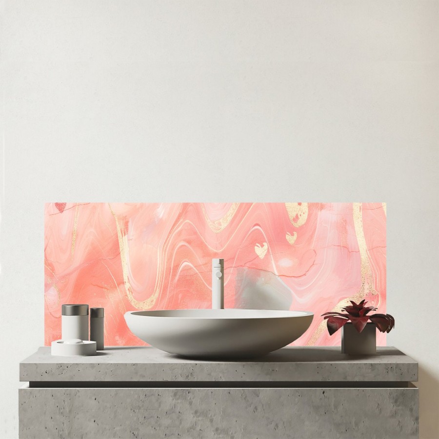 Click to view product details and reviews for Salmon Pink Hearts Marble Effect Glass Bathroom Splashback.