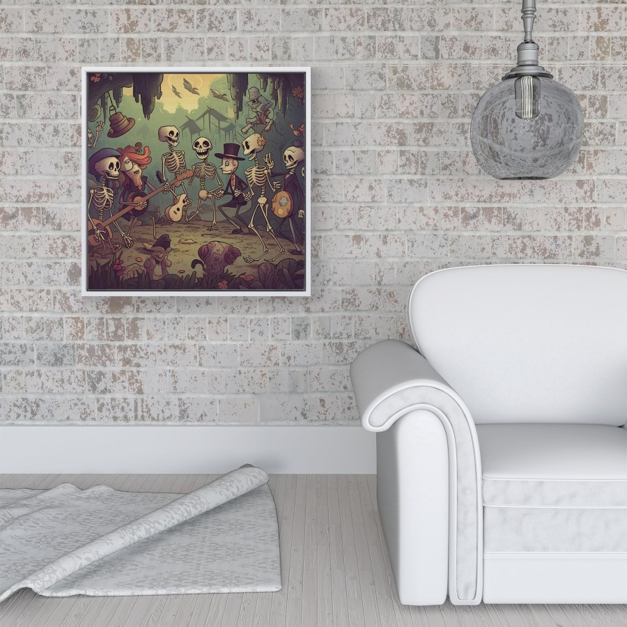 Click to view product details and reviews for Cartoonish Skeletons Having A Party Framed Canvas 16 X 16 White.