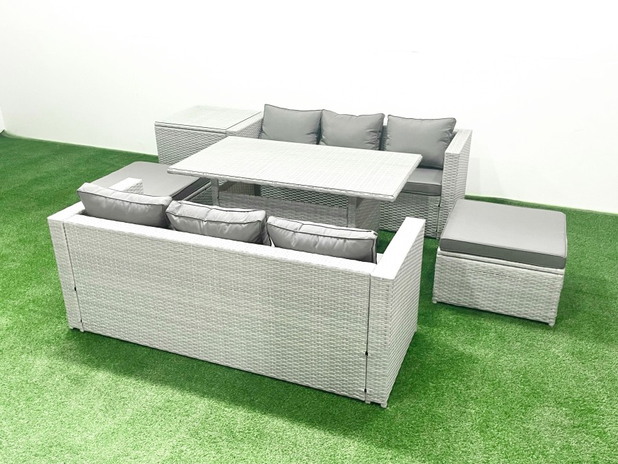 Click to view product details and reviews for Fimous Rattan Garden Furniture Set 8 Seater Outdoor Sofa Set With Dining Table Side Table 2 Big Footstools Light Grey Mixed.